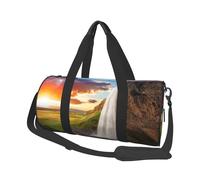 Iceland Waterfall River Field Sunset Large Round Travel Duffel Bag,Extra Large Capacity Foldable Gym Bag with Removable Shoulder Strap,Durable Canvas Carry-On Bag for Sports