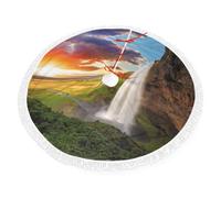 Iceland Waterfall River Field Sunset Print Christmas Tree Skirt Soft Fleece Fabric With Tassel Trim, Holiday Decor For Christmas