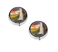 Iceland Waterfall River Field Sunset Print Pill Box, Round Pill Organizer, 3 Compartment Small Pill Case for Purse & Pocket, Portable Medicine Box, Travel Pill Case