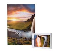 Iceland Waterfall River Field Sunset Printed Jigsaw Puzzle with Storage Box, Wooden Puzzle for Adults and Kids, 1000 Pieces Family Fun Decorative Game