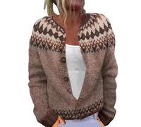 Icelandic Fair Isle Cardigans for Women UK Fair Isle Nordic Patterned Sweater Long Sleeve Crew Neck Cardigan Jacket for Autumn and Winter Stylish Retro Pattern Wool Knitwear (Coffee, L)