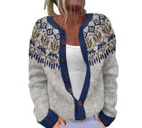 Icelandic Fair Isle Cardigans for Women UK Fair Isle Nordic Patterned Sweater Long Sleeve Crew Neck Cardigan Jacket for Autumn and Winter Stylish Retro Pattern Wool Knitwear (Blue, XL)