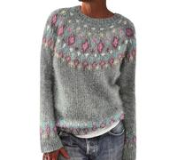 Icelandic Fair Isle Jumpers for Women Uk Vintage Fairisle Nordic Ladies Jumper Casual Loose Long Sleeve Crew Neck Knit Jacquard Pullover Sweater Stylish Retro Pattern Wool Knitwear Grey