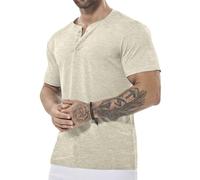 ICEMOOD Mens Dry Fit Henley Shirt Slim T Short Sleeve Gym Tshirt for Athletic Workout Casual Classic Tee 3 Button Quick Dry Performance Polo Moisture Wicking Tech Cool Feeling,Beige,XXL