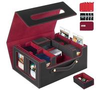 ICEMOR Card Storage Box for Handle, Commander Deck Box for MTG & TCG, Trading Card Storage Box with 4 Toploaders, 4 Stoppers, 4 Colourful Dividers (Black & Red)