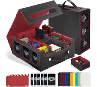 ICEMOR Trading Card Storage Box with Handle,Commander Deck Box for MTG&TCG,7 in 1 MTG Deck Box with 6 Toploaders, 6 Stoppers, 10 Colorful Dividers.(Black & Red, 7 IN 1)
