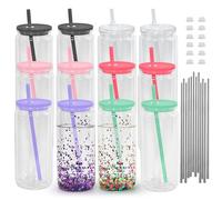 Icesip 12 Pack 20oz Acrylic Snowglobe Tumbler, Pre-Drilled Double Wall Plastic Clear Cup, Plastic Mason Jar with Lids and Straw, Reusable Clear Beer Can for Snow Globe Glitter DIY