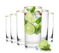 Icesip Highball Glasses, Gold Rim Crystal Glassware, 16 oz, Set of 6