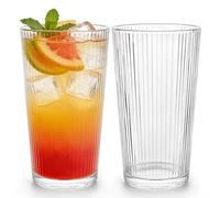 Iceten 2 Pack Ribbed Clear Glass Cups, Vintage Style Drinking Tumblers, Highball Cups for Iced Coffee, Lemonade, Cocktail, Tea, Smoothie