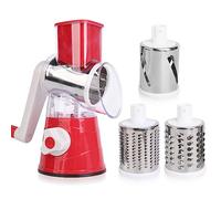Iceten 3 in 1 Rotary Cheese Grater and Vegetable Slicer with 3 Stainless Steel Rotating Blades, Multifunctional Manual Cutter/Shredder-Strong Suction Base (Red)