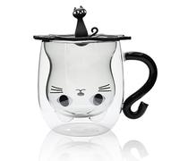 Iceten Cute Cat Mug, Double Walled Insulated Glass Cups with Lid Milk Cup Coffee Cup, Birthday Mother's Day Easter Halloween Christmas Valentine's Gifts for Women(250ml/8.4oz)