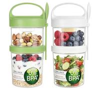 Iceten Set Of 2 Overnight Oats Jars, On The Go Breakfast Smoothie Cups,2-In-1 Reusable Yoghurt Cups with Lids(560ml + 360ml), Complete With Sauce Containers And Forks,Leakproof Breakfast Jar For Work
