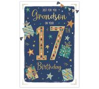 ICG 17th Birthday Card for Grandson - Stars & Presents Design - Gold Foil Finish - Teenage Boys Premium Special 17 Birthday Greeting Card with Envelope