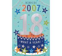 ICG 2025 18th Birthday Card - Happy Birthday Year You Were Born Card with Born in 2007 Cake and Stars Design and Special Finishes - Birthday Cards for Men