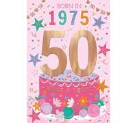 ICG 2025 50th Birthday Card - Happy Birthday Year You Were Born Card with Born in 1975 Cake and Stars Design and Special Finishes - Birthday Cards for Women