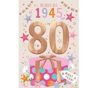 ICG 2025 80th Birthday Card - Happy Birthday Year You Were Born Card with Born in 1945 Confetti and Stars Design and Special Finishes - Birthday Cards for Women
