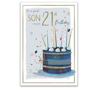 ICG 21st Birthday Card for Son - Age 21 Stylish Cake & Confetti Design - Embossed Foil Finish - Premium Greeting Card with Envelope