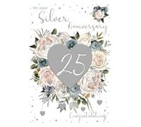 ICG 25th Milestone Silver Anniversary Card - 25 Years - Roses and Peony Flowers with Silver Foil Hearts - Made in England