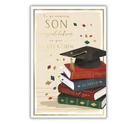 ICG Amazing Son Graduation Card - Stylish 'You Did It, So Proud of You' Graduation Cap & Books Design - Congratulations Card for Him - Embossed Foil Finish