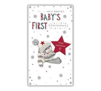 ICG Artistic Christmas Greeting Card - Baby's First Christmas - Bunny and Star Decoration - From The Hun Bun Range - With A Silver Foil Finish