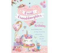 ICG Birthday Card for Great Granddaughter - Girly Unicorn Cake & Balloons Design - Premium Lovely Great Granddaughter Birthday Greeting Card with Envelope