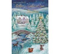 ICG Brother and Sister In Law Christmas Card, Single - Christmas Cards with Countryside Cottage and Winter Woodland Animals Design and Special Finishes - Xmas Cards with Envelope