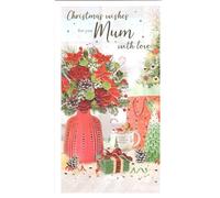 ICG Christmas Card for Mum, Floral Design with Poinsettias, 12 x 24 cm