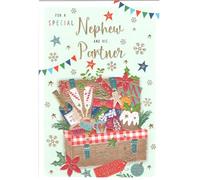 ICG Christmas Card for Nephew and Partner, 15 x 23 cm, Festive Picnic Basket Design
