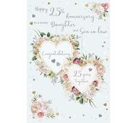 Daughter and Son-In-Law Anniversary Card - 25th - 25 Years - Floral Love Hearts - Special Finishes and Illustrated Insert Leaf - Made in the UK
