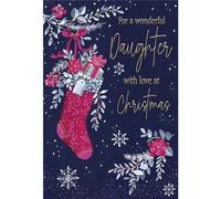 ICG Daughter Christmas Card, Single - Christmas Cards with an Artistic Stocking and Flowers Festive Design and Special Finishes - Xmas Cards with Envelope