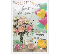 ICG Female Just For You Happy Birthday Card - Vase Of Flowers Balloons Presents