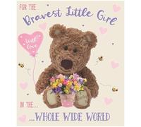 ICG Get Well Soon Card for the Bravest Little Girl - Cute Barley Teddy Bear Design - Premium Lovely Flowers & Hearts Feel Better Greeting Card with Envelope