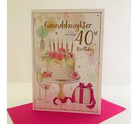 ICG Granddaughter 40th Birthday Card - Pale Birthday Cake & Silver Stars 9" x 6"