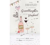 ICG Granddaughter and Husband Anniversary Card - Champagne and Love Hearts with a Foiled Flitter Finish