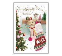 ICG Granddaughter Christmas Card, Single - Christmas Cards with Teddy Bear Stocking Festive Design and Special Finishes for Children - Xmas Cards with Envelope