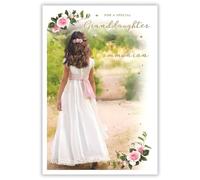 ICG Granddaughter First Holy Communion Congratulations Card - Communion Congratulations Card with Artistic Girl in White Dress Design and Foil Details