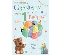 ICG Grandson 1st Birthday Card for Boys - Barley Bear and Balloons with an Embossed Foil Finish