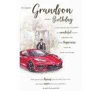 ICG Grandson Birthday Card - Man & Red Sports Car Outside Cocktail Bar 9" x 6"