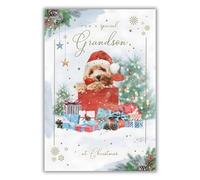 ICG Grandson Christmas Card, Single - Christmas Cards with Puppy Dog in Santa Hat Festive Design and Special Finish for Children - Xmas Cards with Envelope