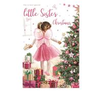 ICG Little Sister Christmas Card - Girl Dressed as Fairy By Tree and Gifts With Foil and Flitter Details