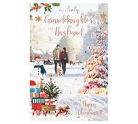 ICG Lovely Granddaughter and Husband Christmas Card - Couple Walking Dog in the Snow Embossed with Foil and Flitter Details