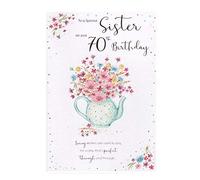ICG Sister 70th Birthday Card - Big Pink, Purple & Lilac Glitter Flowers 9" x 6"