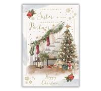 ICG Sister and Her Partner Christmas Card, Single - Christmas Cards with Stockings and Decorative Christmas Tree Artistic Festive Design and Special Finishes - Xmas Cards with Envelope