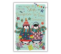 ICG Son and Daughter In Law Christmas Card, Single - Christmas Cards with an Artistic Penguins and Stars Festive Design and Special Finishes - Xmas Cards with Envelope