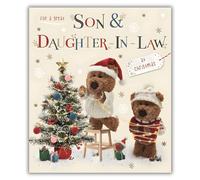 ICG Son and Daughter In Law Christmas Card, Single - Christmas Cards with Barley Teddy Bears Decorating The Tree Artistic Festive Design and Special Finishes - Xmas Cards with Envelope