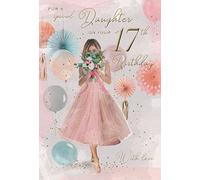 ICG Special Daughter 17th Birthday Card - Age 17 - Girl with Floral Bouquet and Balloons with Foil Finish