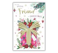 ICG Special Friend Christmas Card - Flowers, Bow and Hearts with Embossed Foil Details