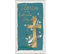 ICG Special Godson Confirmation Day Congratulations Card for Boys - Confirmation Congratulations Card with Floral Cross Design and Embossed Foil Details