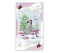 ICG Special Granddaughter Christmas Card - Baby Penguin and Rabbit with Gifts and an Embossed Foil Flitter Finish