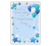 ICG Special Grandson Christening Card - Christening Congratulations Card for Boys with Contemporary Star and Balloon Design with an Embossed Foil Finish
